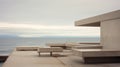 Minimalist Geometric Concrete Benches Overlooking Calm Waters Royalty Free Stock Photo
