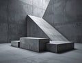 Minimalist Geometric Concrete Interior with Three Block Platforms and Angular Wall Design in Gray Tones Royalty Free Stock Photo