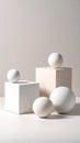 Minimalist geometric shapes composition with white spheres and cubes on a neutral background. Royalty Free Stock Photo
