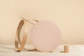 Minimalist geometry shape wooden scene. Abstract minimal empty stage with wooden circle. Mockups display for product presentation.