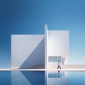 Minimalist Geometry: A White Man Walking By A Blue Pool And Empty Building