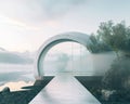 A minimalist glass house, with a single bold arch creating a doorway to the natural world beyond