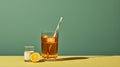 Minimalist Glass Of Iced Tea On Yellow Background - Bauhaus Photography