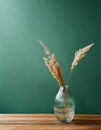 Minimalist glass vase of dried grasses on a green background. Royalty Free Stock Photo