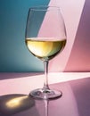 Minimalist glass of white wine on a pink background.