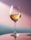 Minimalist glass of white wine on a pink background.