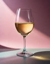 Minimalist glass of white wine on a pink background.