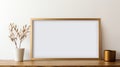 Minimalist Gold Frame Photo Mockup On Wooden Countertop Royalty Free Stock Photo