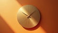 Minimalist golden wall clock hangs on warm orange backdrop. Sunlight forms dramatic diagonal shadow on surface. Elegant timepiece Royalty Free Stock Photo