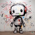 Minimalist Graffiti Art: A Robot With Headphones In A Chrome-plated World