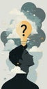 Minimalist graphic of a contemplative figure with a question mark lightbulb overhead representing ideas and creativity Royalty Free Stock Photo
