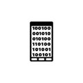A minimalist graphic design depicting a smartphone screen with a simple binary code pattern, symbolizing the digital age