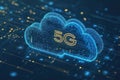 Minimalist graphic design of 5G waves connecting to cloud icon, showcasing technology innovation and cloud computing