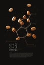 Minimalist graphic design of a caffeine molecule with coffee cup elements on a dark background Royalty Free Stock Photo