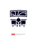 A minimalist graphic representation of an office workspace, featuring a desk and an abstract window design