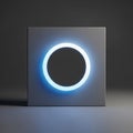 Minimalist glowing neon blue circle on a smooth gray square cube rendering Royalty Free Stock Photo