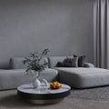 Minimalist gray interior with sofa and coffee table on the carpet. Big empty wall mock up. 3D render.