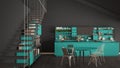 Minimalist gray and turquoise wooden kitchen, loft with stairs,