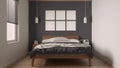 Minimalist gray and wooden bedroom in scandinavian style, double bed with duvet, pillows and blanket, parquet, frame mockup,