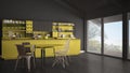 Minimalist gray and yellow wooden kitchen, big panoramic window, classic scandinavian interior design