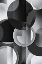 A minimalist grayscale pattern of overlapping circles and rectangles, creating an elegant and modern