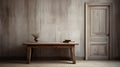 Minimalist Grisaille Wooden Table With Books And Open Door Royalty Free Stock Photo