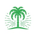 Minimalist hand drawn bright tropical palm tree shining decorative design green grunge texture