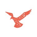 Minimalist hand drawn flying seagull symbol freedom summer travel sea vacation red grunge texture