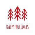 Minimalist Happy Holidays card in Scandinavian style with hand drawn Christmas trees. Trendy vector illustration