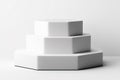 Minimalist hexagonal display stands arranged in ascending order on a white background for product presentation