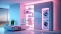 Minimalist High-Tech Laundry Room with Blue and Pink Washing Machines