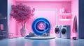 Minimalist High-Tech Laundry Room with Blue and Pink Washing Machines