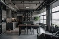 minimalist home with industrial vibe, exposed pipes, and metal accents