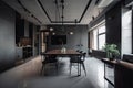 minimalist home with industrial vibe, exposed pipes, and metal accents