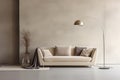 Minimalist home interior design of modern living room. Beige velvet sofa and floor lamp