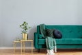 Minimalist home interior with green velvet sofa, furniture, decoration and elegant personal accessories. Copy space.