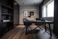 minimalist home office with sleek black desk and white chair