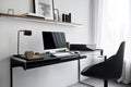 minimalist home office with sleek desk, minimalist decor, and wireless printer Royalty Free Stock Photo