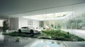 Minimalist Home\'s Self-Sustaining Ecosystem and Eco-Luxury Car: Harmony in Actio Royalty Free Stock Photo