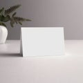 Minimalist horizontal white blank of paper mockup on table. Simple empty folded card for guest place card template. Generative AI