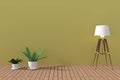 Minimalist houseplant in empty soft green room with wooden floor in 3D rendering