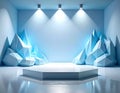 Minimalist Ice Crystal Stage with Spotlights in a White Room Background Royalty Free Stock Photo