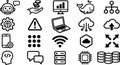 Minimalist icon set showing grid of technology symbols including chatbot, laptop, cloud upload, database stacks, microchip, wifi Royalty Free Stock Photo