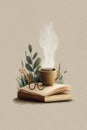 Minimalist illustration of book, glasses, and coffee on a leafy backdrop Royalty Free Stock Photo