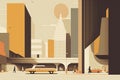 minimalist illustration of city, with people and vehicles, with modern architecture in the background