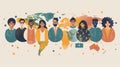 minimalist illustration of different people with world map background Royalty Free Stock Photo