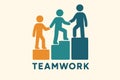 Three People on Ascending Platforms Teamwork Symbol â leadership, success, growth, business, cooperation, progress, unity Royalty Free Stock Photo