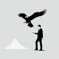 Minimalist Illustration A Man And An Eagle In A Snowy Valley