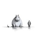 Minimalist Illustration Of A Man And Hippo In Watery Place