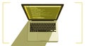 A minimalist illustration of an open laptop with a green screen displaying yellow programming code on a white background with a Royalty Free Stock Photo